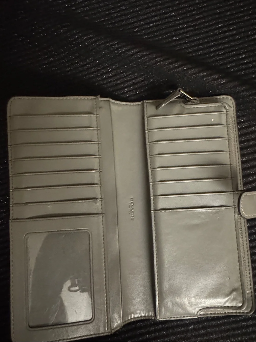 Coach Light Gray Leather Bi-fold Wallet with Zipper and Silver Hardware